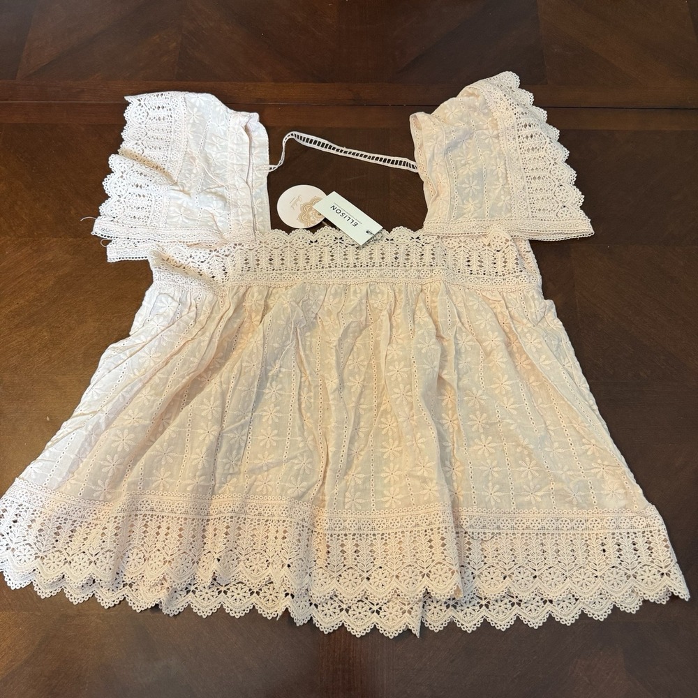 Embroidered Cotton Lace Blouse Large Boho Romantic Puff Sleeve Summer Top L